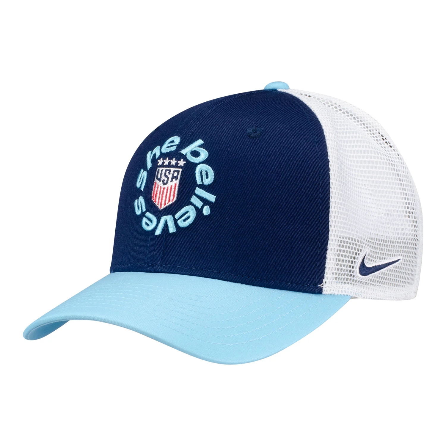 Unisex SheBelieves Circle Logo Light Blue Mesh Trucker Hat
