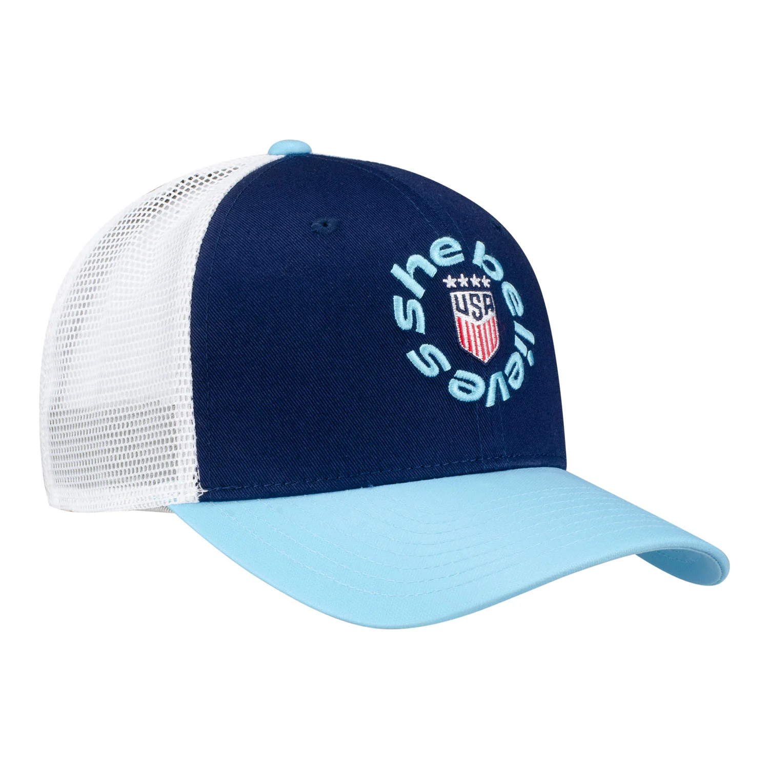 Unisex SheBelieves Circle Logo Light Blue Mesh Trucker Hat - Image 2