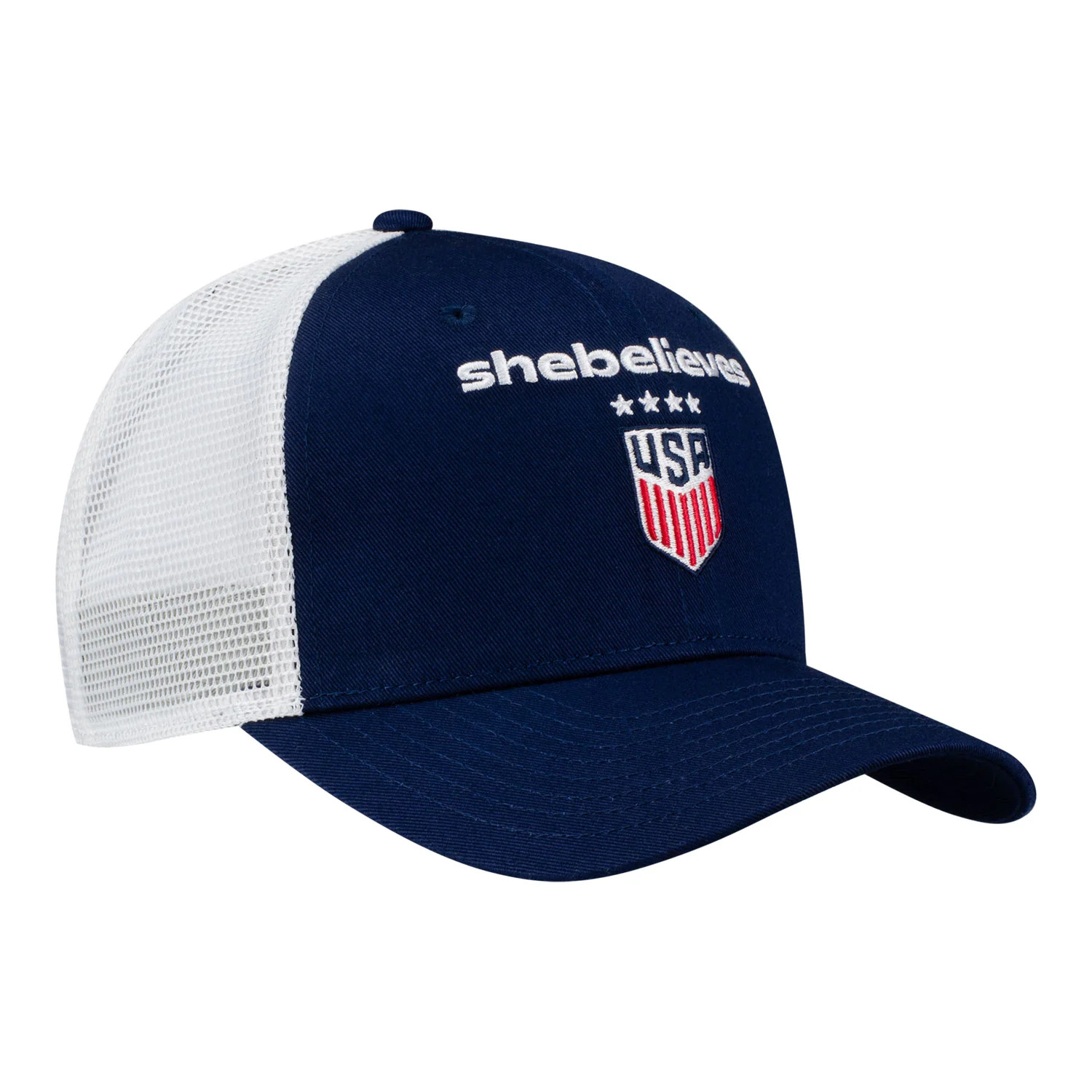 Unisex SheBelieves Shield Logo Blue Mesh Trucker Hat - Image 2